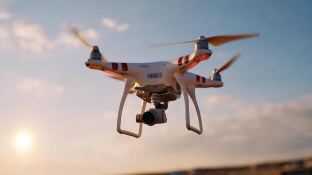 A white quadcopter drone with a camera flying against a vibrant sunset sky, showcasing its sleek design and modern technology. photo