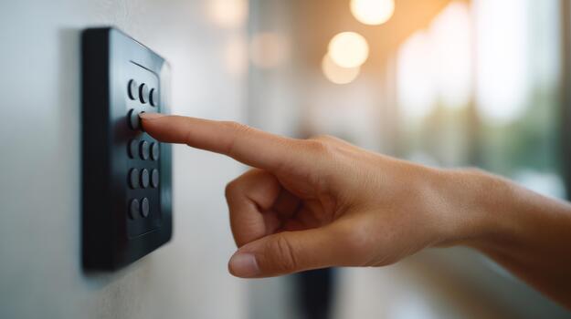 A close-up of a hand pressing a keypad, focusing on security and technology in a modern setting. photo