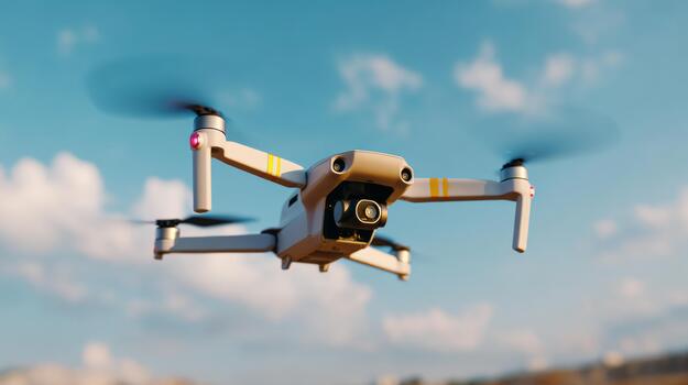 A sleek, modern drone captured in mid-air against a clear blue sky with fluffy clouds, showcasing its advanced camera technology. photo