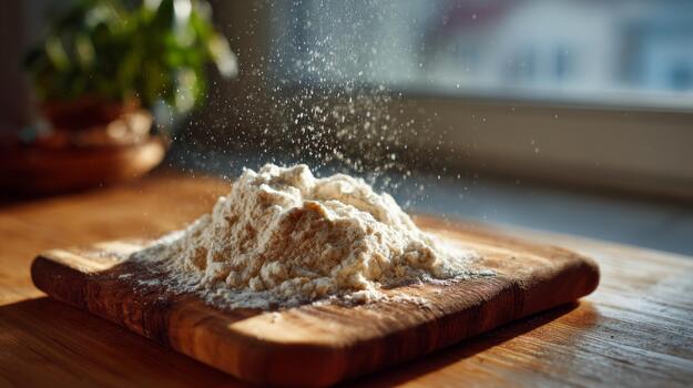 A pile of flour dusted on a wooden board, illuminated by soft sunlight, creating a warm, inviting baking atmosphere. photo