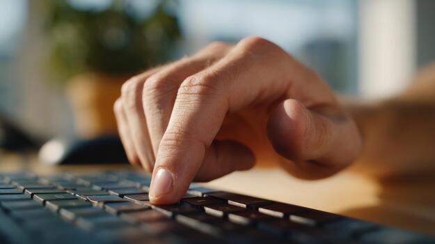 Close-up of a male hand typing on a laptop keyboard, highlighting focus and productivity in a modern workspace. photo