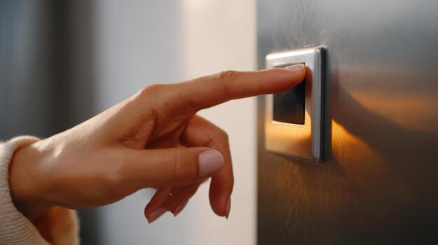 A close-up of a woman's hand with manicured nails pressing a keypad, capturing the moment of interaction with technology. photo