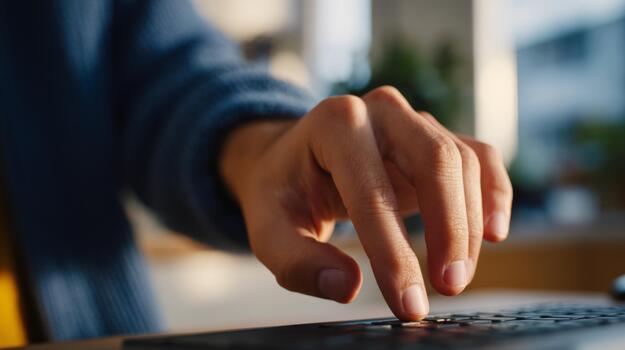 Close-up of a male hand typing on a laptop keyboard, with a soft-focus background of a cozy indoor setting. photo