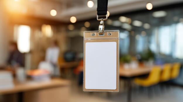 A blank ID badge hanging in an office setting, with soft bokeh lights in the background creating a professional atmosphere. photo