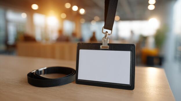 A blank black ID badge on a table, symbolizing professional identity in a modern workspace. photo