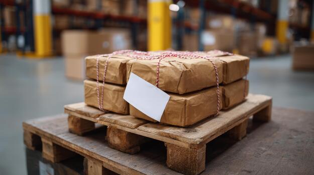 un apilar de pulcramente envuelto cartulina parcelas en un de madera paleta en un almacén ajuste. foto