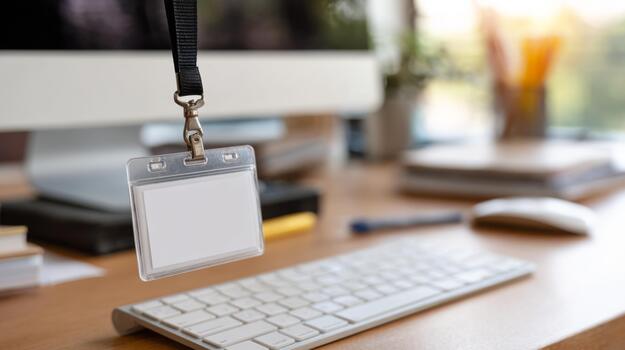 A blank name badge hanging from a lanyard near a computer workstation, symbolizing identity and professional environments. photo