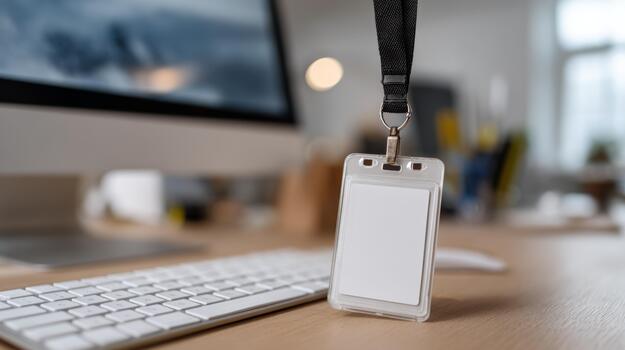 A blank ID badge hanging on a lanyard in an office setting, symbolizing work and professionalism. photo
