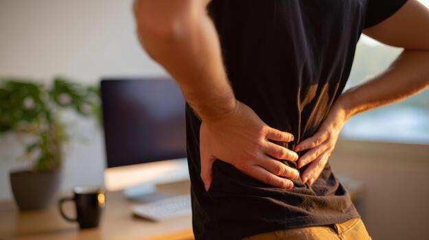 A young Caucasian man experiencing back pain while working from home in a sunny, modern setting. photo