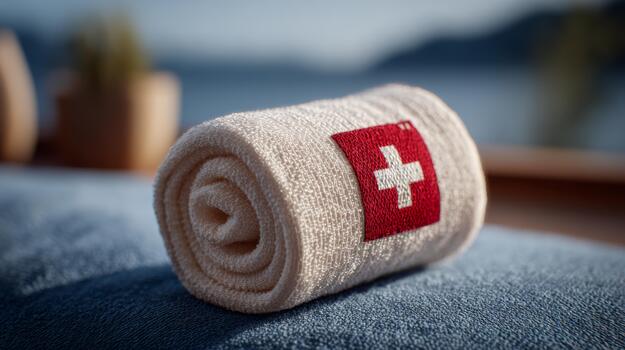 A rolled white towel adorned with a red Swiss flag, set against a soft blue backdrop, evoking a serene and inviting atmosphere. photo