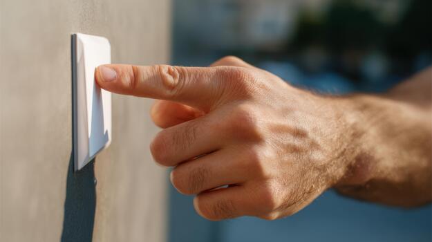 A close-up of a man's hand, Caucasian, pressing a light switch on a modern wall. photo