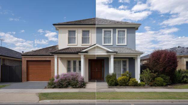 A modern two-story house split into two color schemes, showcasing a charming blend of design styles. photo
