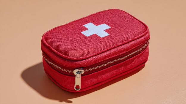 A red first aid kit with a white cross symbol, designed for emergency medical needs, showcased on a smooth peach background. photo