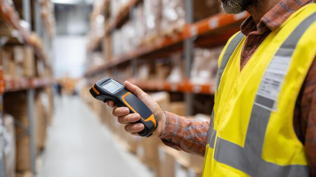 A male warehouse worker in a safety vest scans items with a handheld device in a busy storage facility. photo