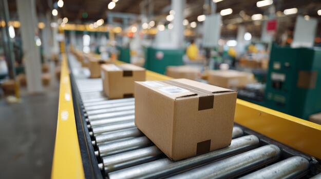 A close-up of a cardboard package on a conveyor belt in a busy warehouse setting, showcasing logistics in action. photo