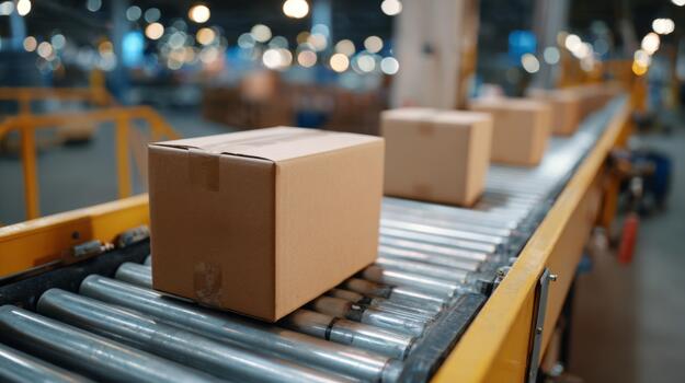 A close-up view of cardboard boxes on a conveyor belt in a warehouse setting, showcasing modern logistics and distribution processes. photo
