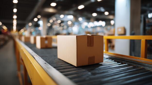 A close-up view of a cardboard box positioned on a conveyor belt in a bustling warehouse setting. photo