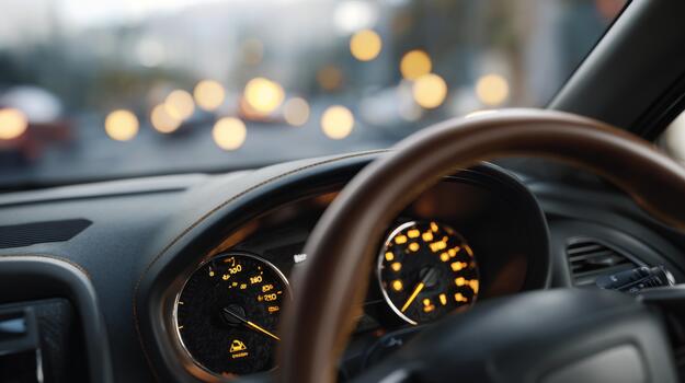 Close-up of a car's dashboard, showcasing the speedometer and glowing indicators against a blurred city backdrop. photo
