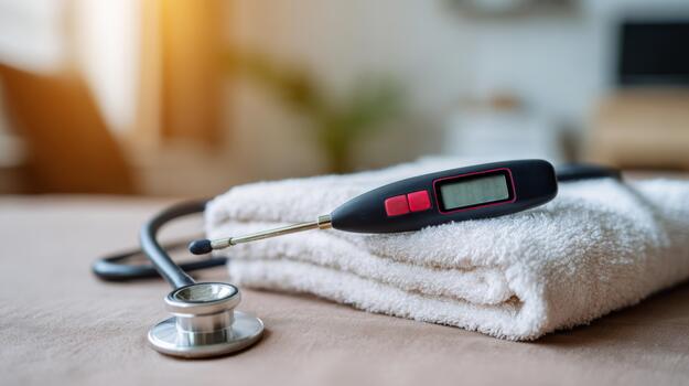 A digital thermometer rests on a stack of white towels, alongside a stethoscope in a warm, inviting healthcare setting. photo