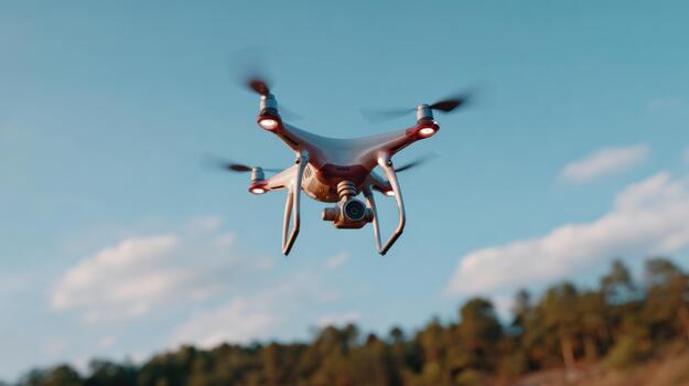 A sleek quadcopter drone with a camera flies against a clear sky, showcasing advanced technology and outdoor adventure. photo