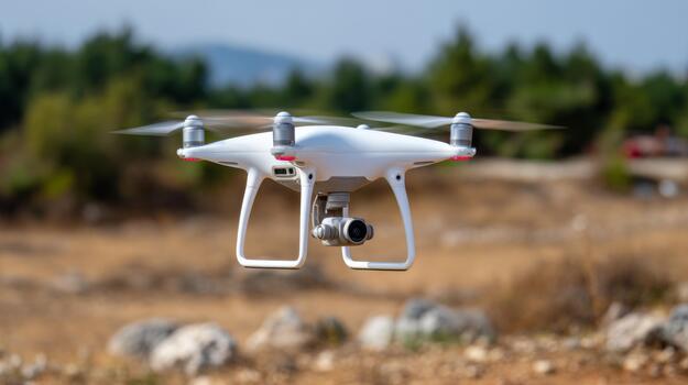 un pulcro blanco quadcopter zumbido esmeradamente flota encima un seco paisaje con borroso arboles en el antecedentes. foto
