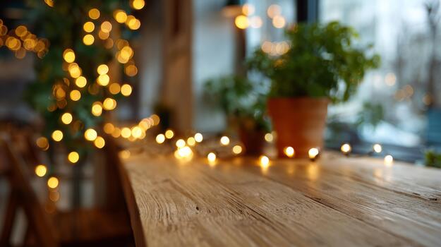 A warm, inviting cafe scene featuring a wooden table adorned with soft bokeh lights and greenery. photo