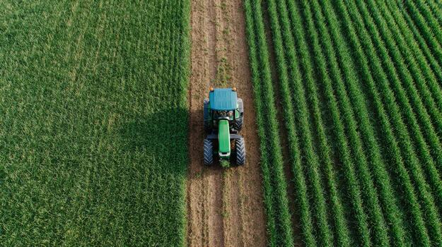 Aerial view of a tractor cultivating lush green fields, showcasing the contrast between soybeans and corn crops. photo
