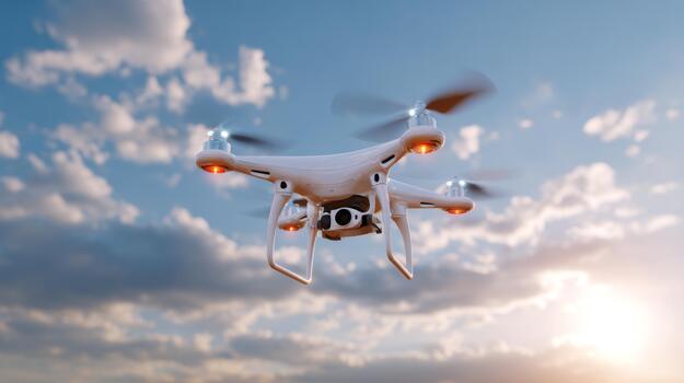 A white quadcopter drone flying against a backdrop of blue sky and fluffy clouds during sunset. photo