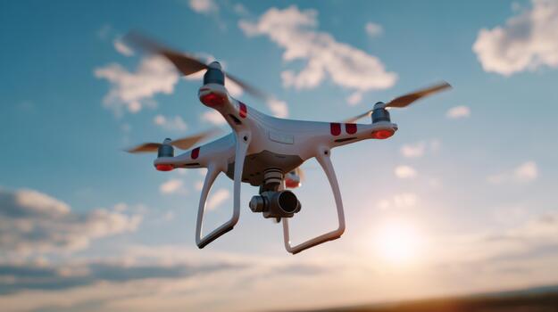 A sleek white drone with rotating propellers soaring against a vibrant sunset sky, capturing stunning aerial views. photo