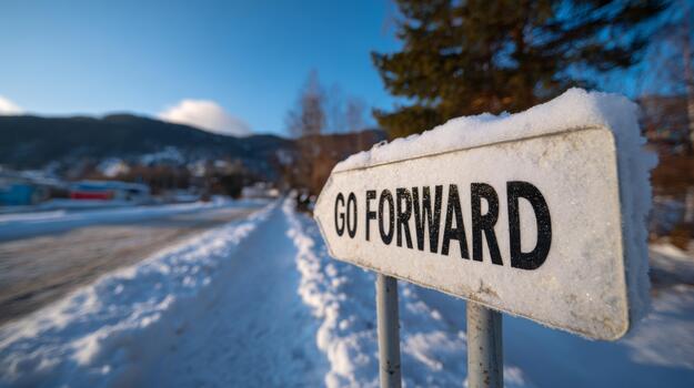 A snow-covered street sign reading 'Go Forward' in a winter landscape, symbolizing positivity and progress. photo