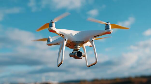 A sleek white drone with yellow propellers flying against a vibrant blue sky, showcasing its advanced technology and design. photo