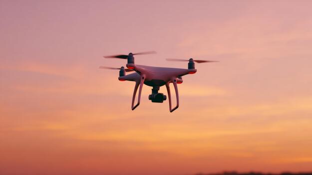 A sleek drone hovers in the sky during a vibrant sunset, showcasing its advanced technology and design. photo