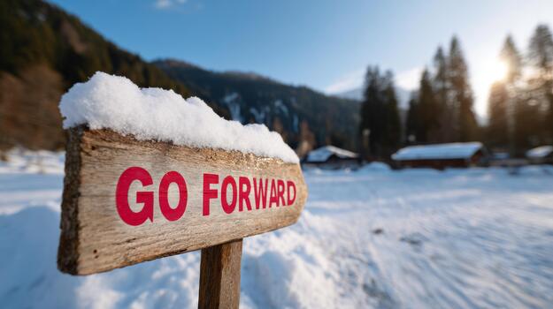 A wooden sign reading 'GO FORWARD' covered in snow, surrounded by serene winter scenery with pine trees and mountains. photo
