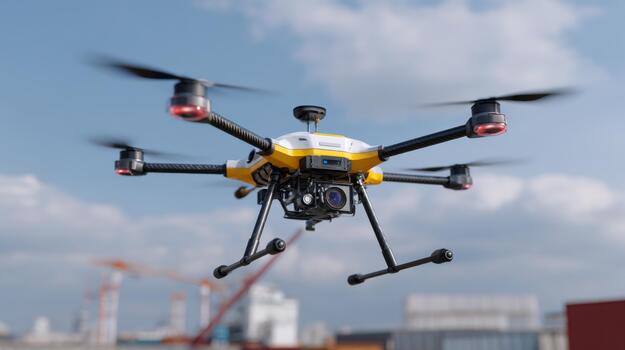 A high-tech drone flying against a blue sky, showcasing advanced technology and design in a vibrant outdoor setting. photo