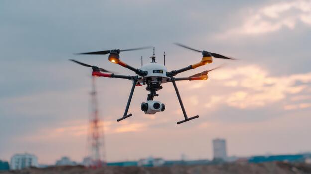 A high-tech drone flying against a dramatic sky, showcasing its advanced features and versatility in aerial photography. photo