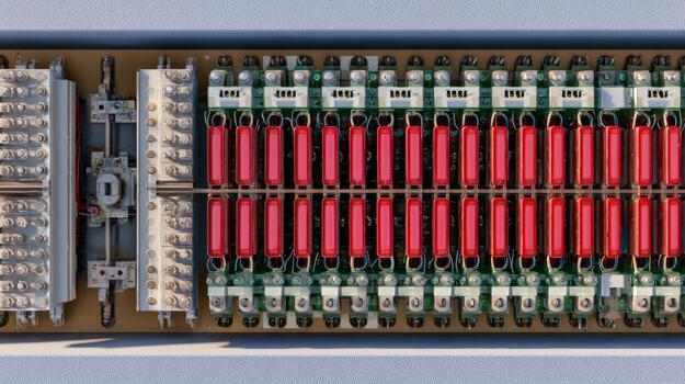 An aerial view of an intricate electronic circuit board featuring red capacitors and various connectors. photo