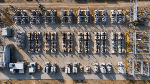 Aerial view of an extensive electrical substation with numerous transformers and equipment, showcasing intricate industrial design. photo