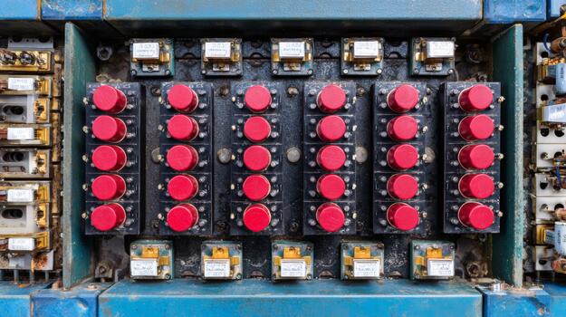 Close-up of vintage industrial control panel featuring numerous red buttons and switches, showcasing detailed machinery elements. photo