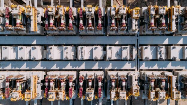 aéreo ver de industrial maquinaria con vistoso componentes, exhibiendo intrincado diseños y organizado operaciones. foto