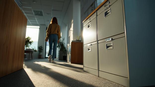 A woman walks through a sunlit office, creating long shadows along the carpet and highlighting filing cabinets. photo