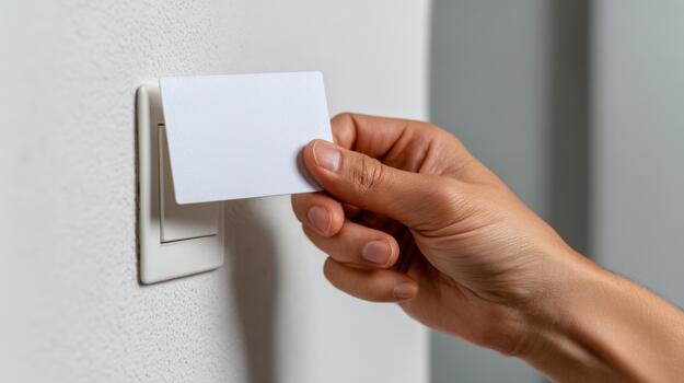 A close-up of a hand inserting a blank card into a wall-mounted card reader, indicating a modern access control system. photo