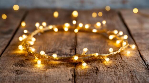 A warm glow from a string of golden fairy lights on rustic wooden surface, creating a cozy atmosphere. photo