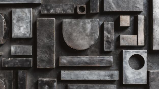 Abstract arrangement of various metallic shapes in shades of gray, creating a modern artistic composition. photo