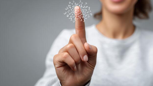 A young Caucasian woman touching floating question marks with her finger, symbolizing curiosity and inquiry. photo