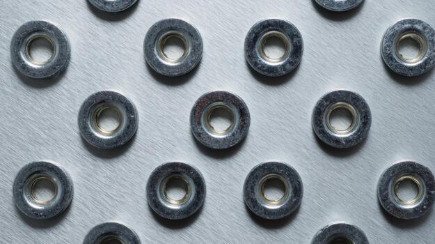 Close-up of metallic washers arranged in a uniform pattern on a brushed aluminum surface, highlighting their circular shape and shiny finish. photo