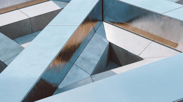 Abstract view of a geometric structure with reflective surfaces and angular designs in a modern setting. photo