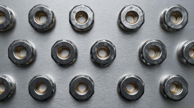 Close-up of metallic nuts arranged symmetrically on a brushed steel surface, showcasing intricate details and textures. photo