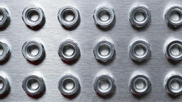 Close-up of shiny metal nuts arranged in a grid on a brushed steel surface, showcasing industrial precision and craftsmanship. photo