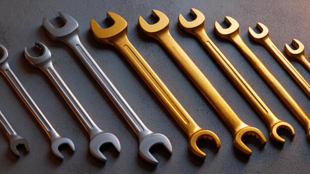 A row of silver and gold wrenches displayed on a textured surface, showcasing their shine and craftsmanship. photo