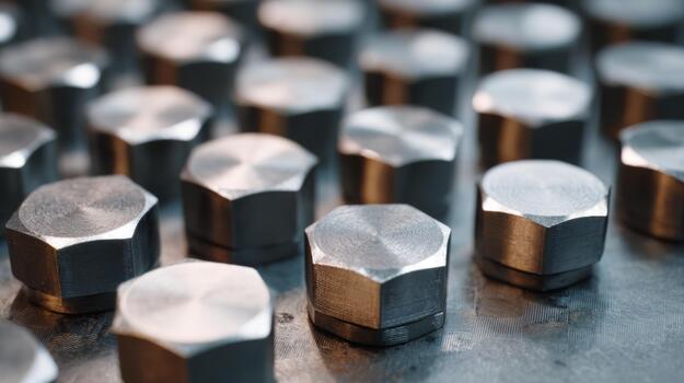 Close-up of metallic hexagonal bolts with a shiny surface, showcasing their precision and quality in a machinery setting. photo